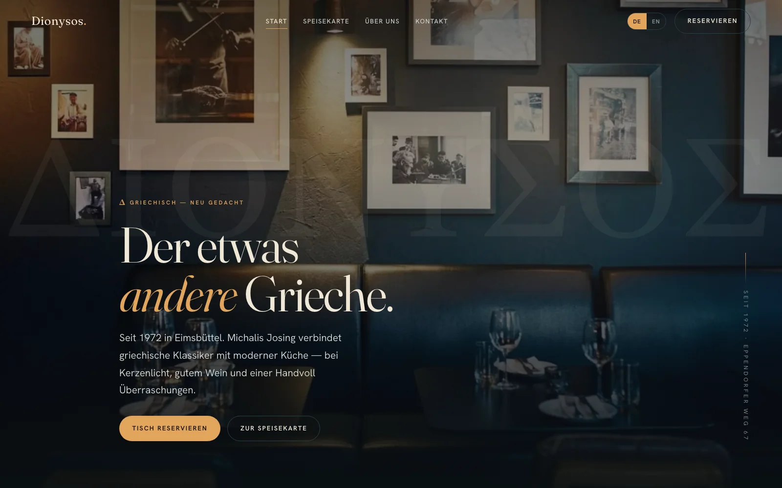 Startseite der Website des Restaurants Dionysos Hamburg